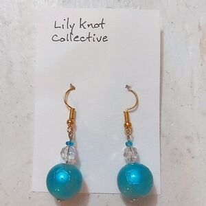Turquoise Drawbench Glass Earrings, Silver Caps, Gold - Plated Wire, 1.75 in